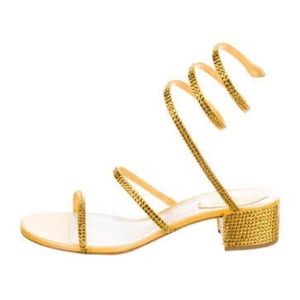 NWT Rene Caovilla Cleo Crystal Embellished Block-Heel Sandals in Yellow.
